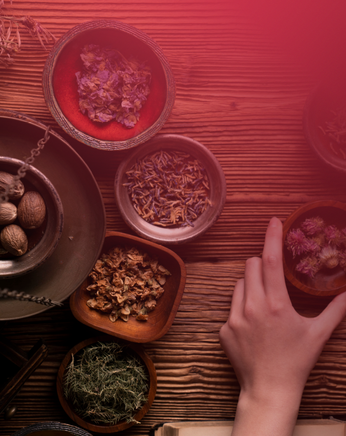 Top view of Traditional Traditional Chinese Medicine herbs and flowers in small bowls with a hand poised to pick up one of the bowls